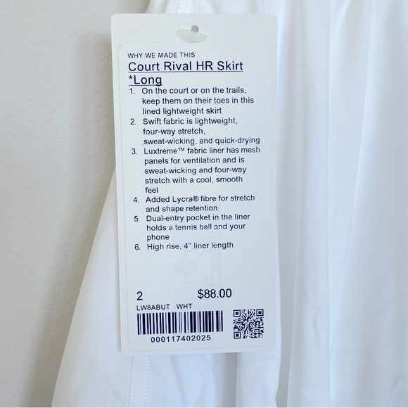 NWT Lululemon Court Rival High Rise Skirt Long White Size 2 - Picture 4 of 12